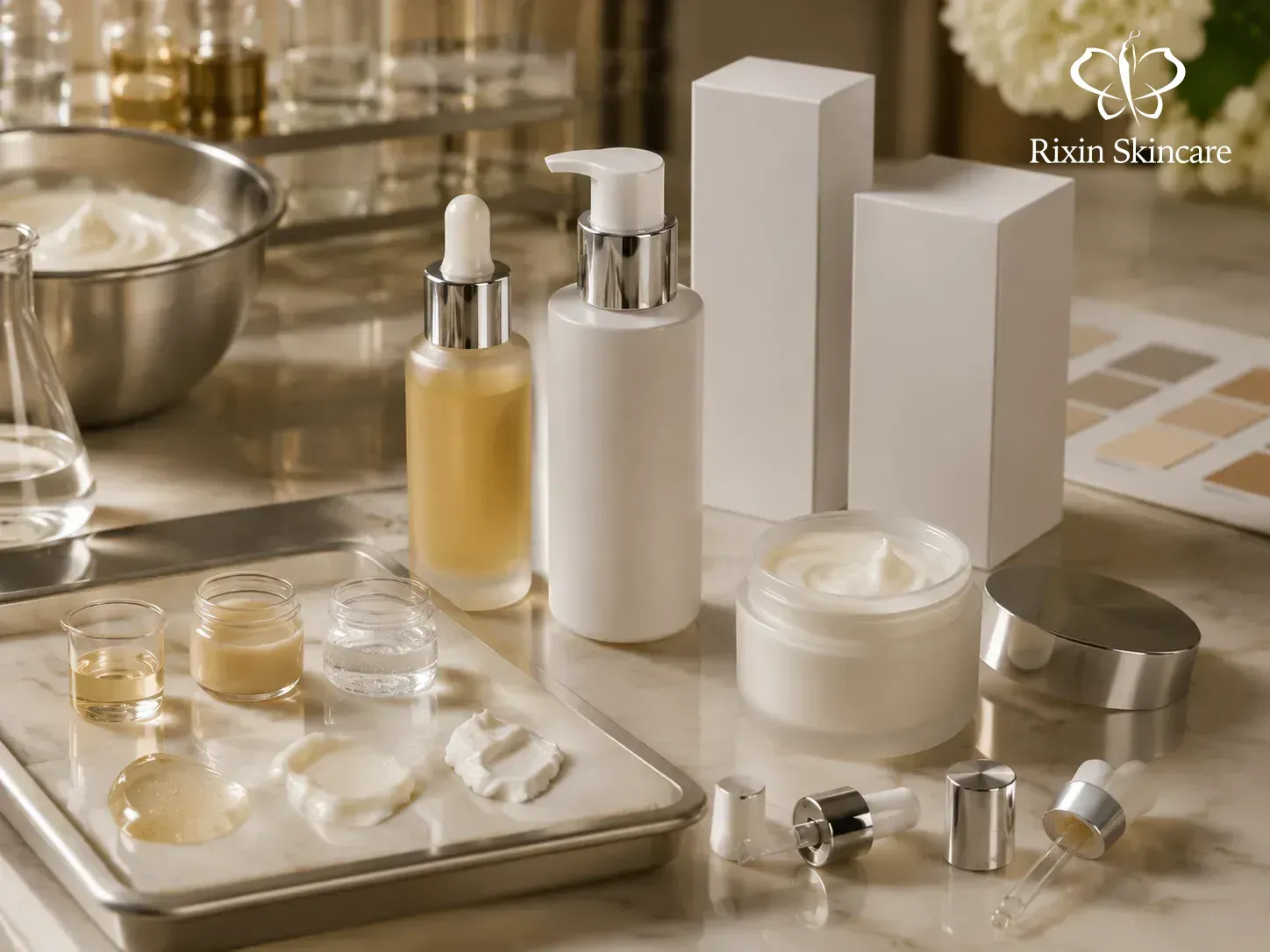Coordinated skincare project review with formula samples, packaging formats, and production-readiness components