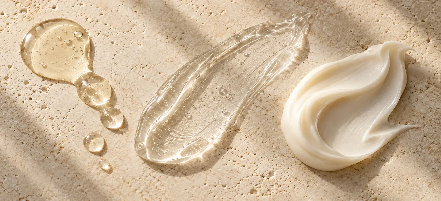 Translucent serum, clear gel, and cream textures on warm ivory stone