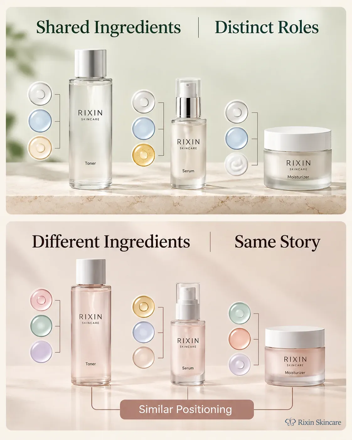 Two skincare product systems comparing shared ingredients with distinct roles against different ingredients with repetitive positioning.