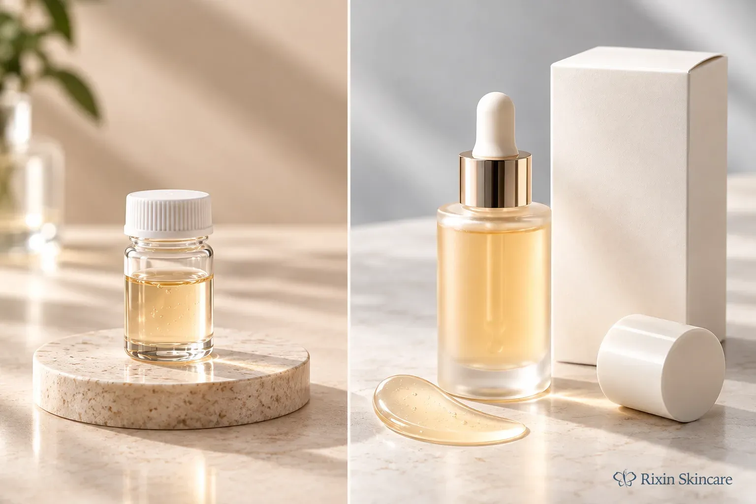 Neutral ingredient sample and finished serum are shown as separate evidence layers within one skincare development concept.