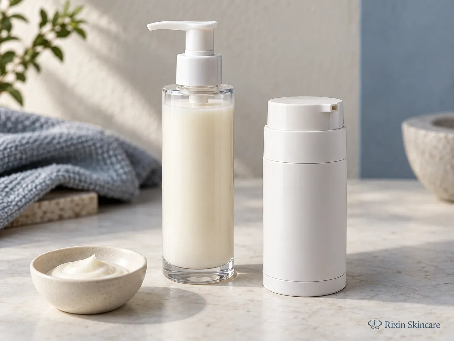 Standard pump bottle and airless-style dispenser presented as two candidate packages beside a neutral lotion sample.