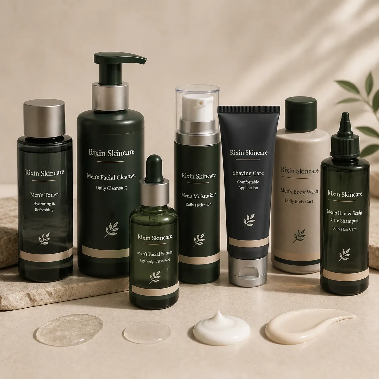 Coordinated men’s cleanser, toner, serum, moisturizer, and shaving care collection