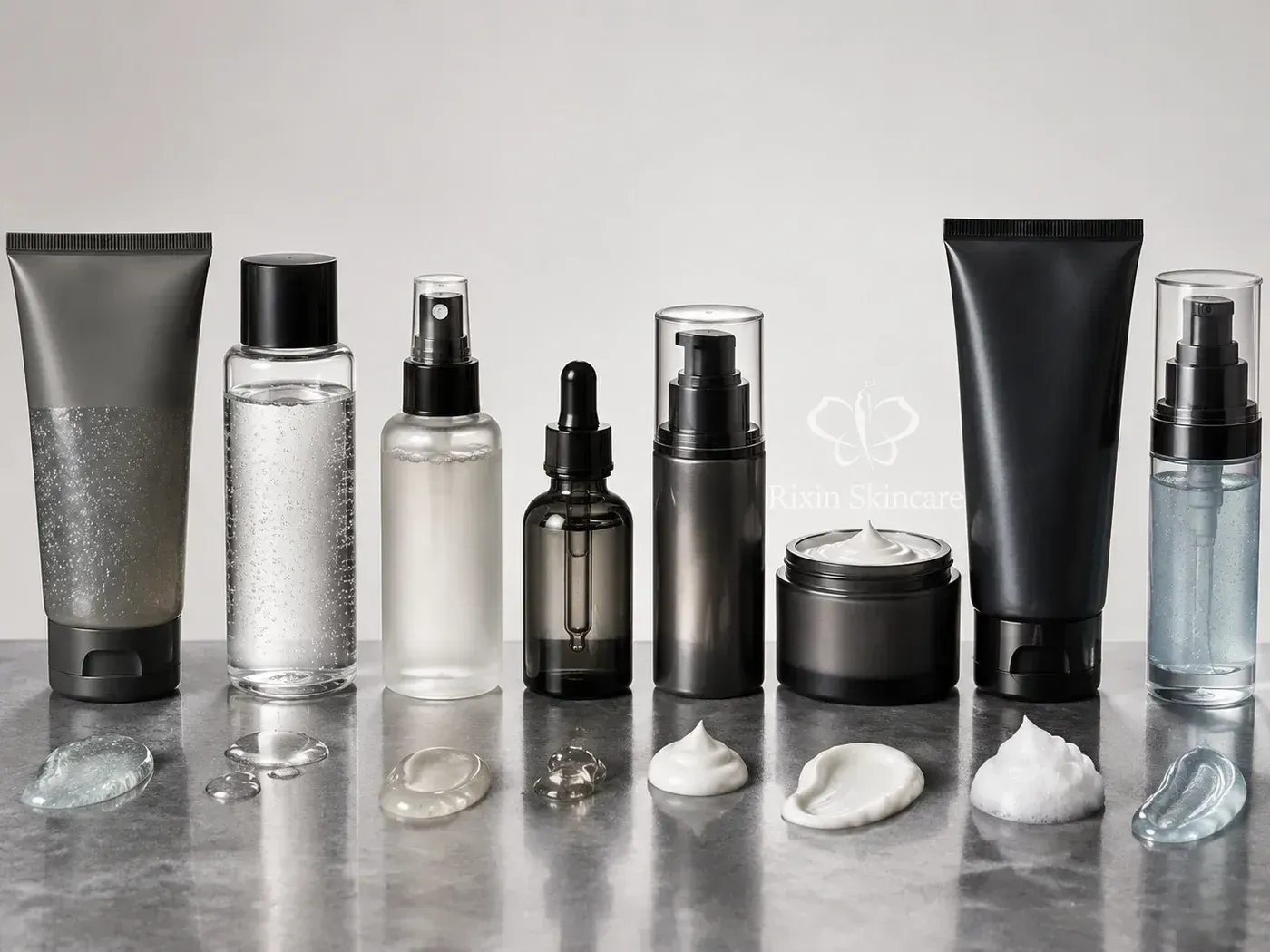 Men's skincare and shaving product formats including cleanser, toner, serum, moisturizer, and post-shave care
