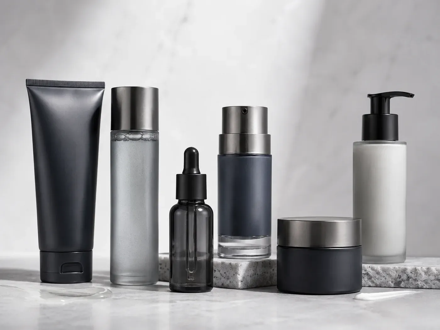 Coordinated men's skincare collection with cleanser, serum, moisturizer, and shaving-care packaging