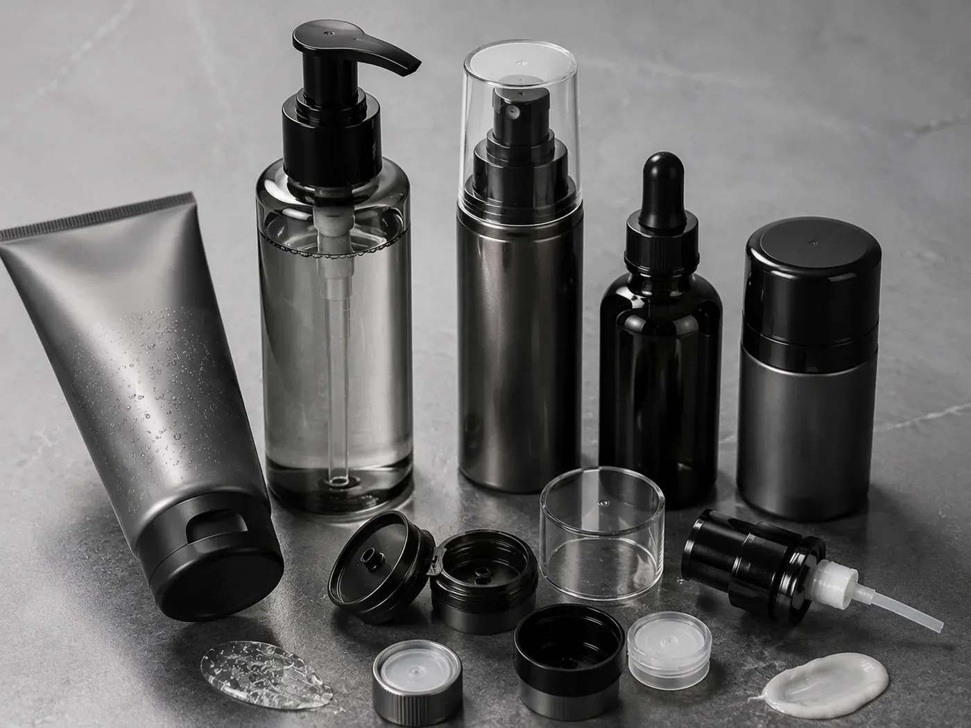 Men's skincare packaging systems with tubes, pumps, airless bottles, droppers, and closure details