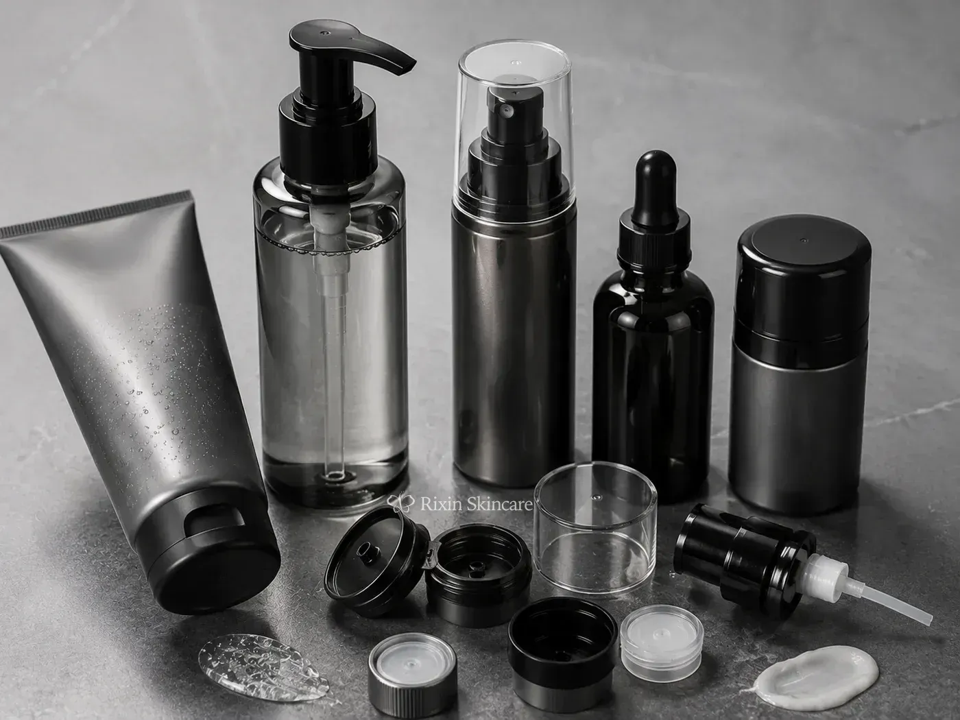 Men's skincare packaging systems with tubes, pumps, airless bottles, droppers, and closure details