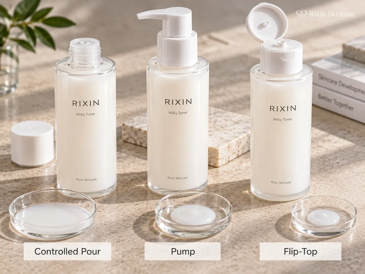 Milky toner bottles with controlled-pour, pump, and flip-top dispensing options arranged for packaging review.