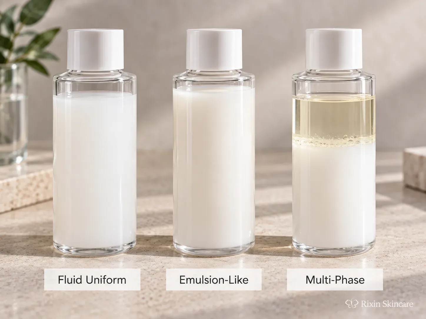Three milky toner prototype systems comparing fluid uniform, emulsion-like, and intentionally multi-phase formula architectures.