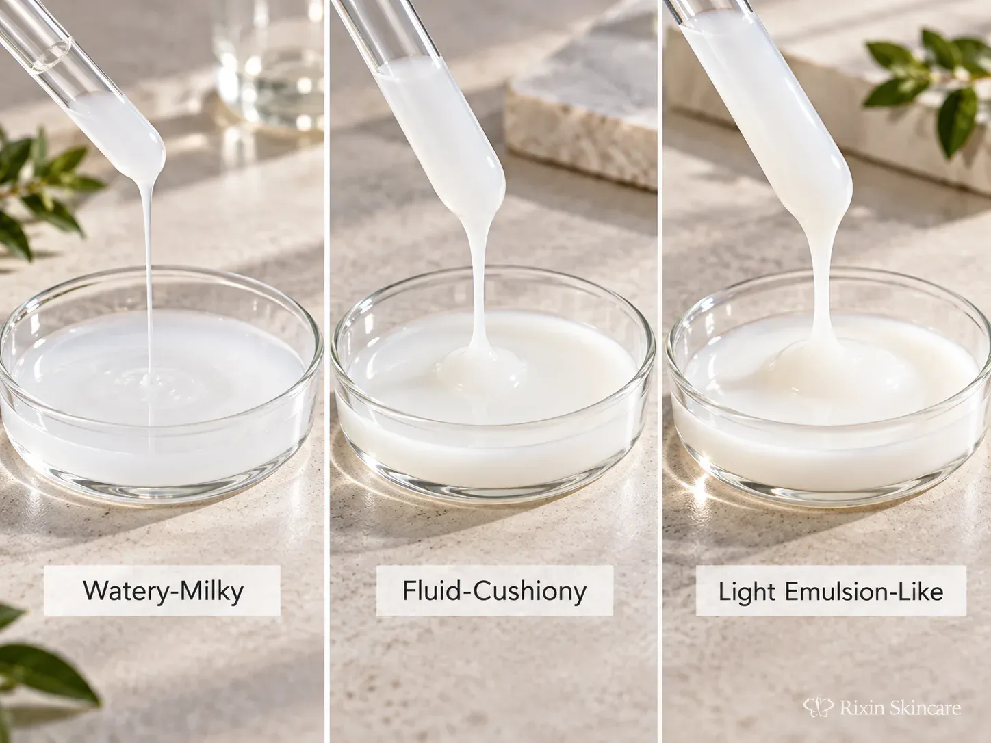 Three milky toner prototypes showing watery, fluid-cushiony, and light emulsion-like texture directions.