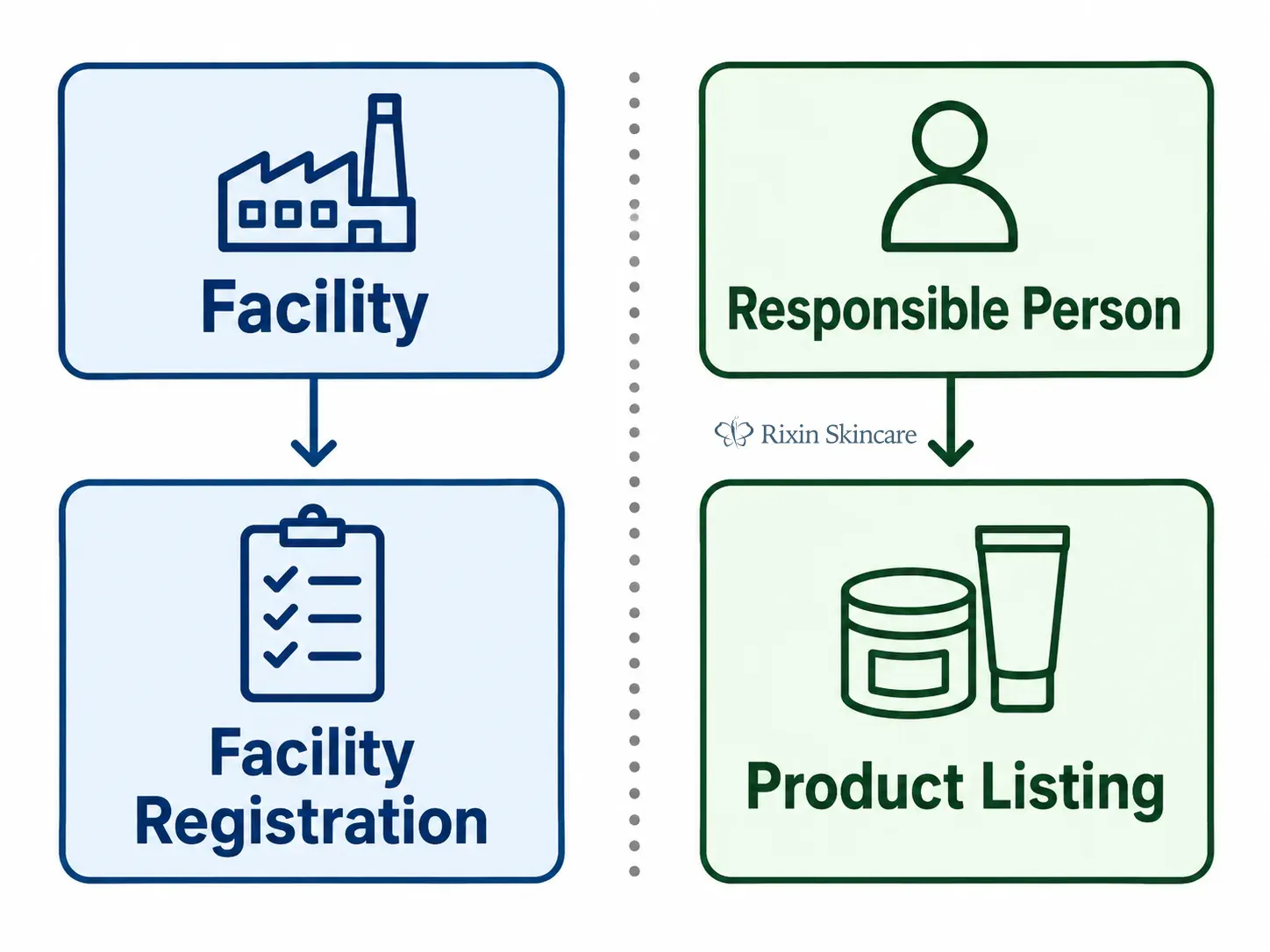 Diagram separating cosmetic facility registration from responsible-person product listing under MoCRA