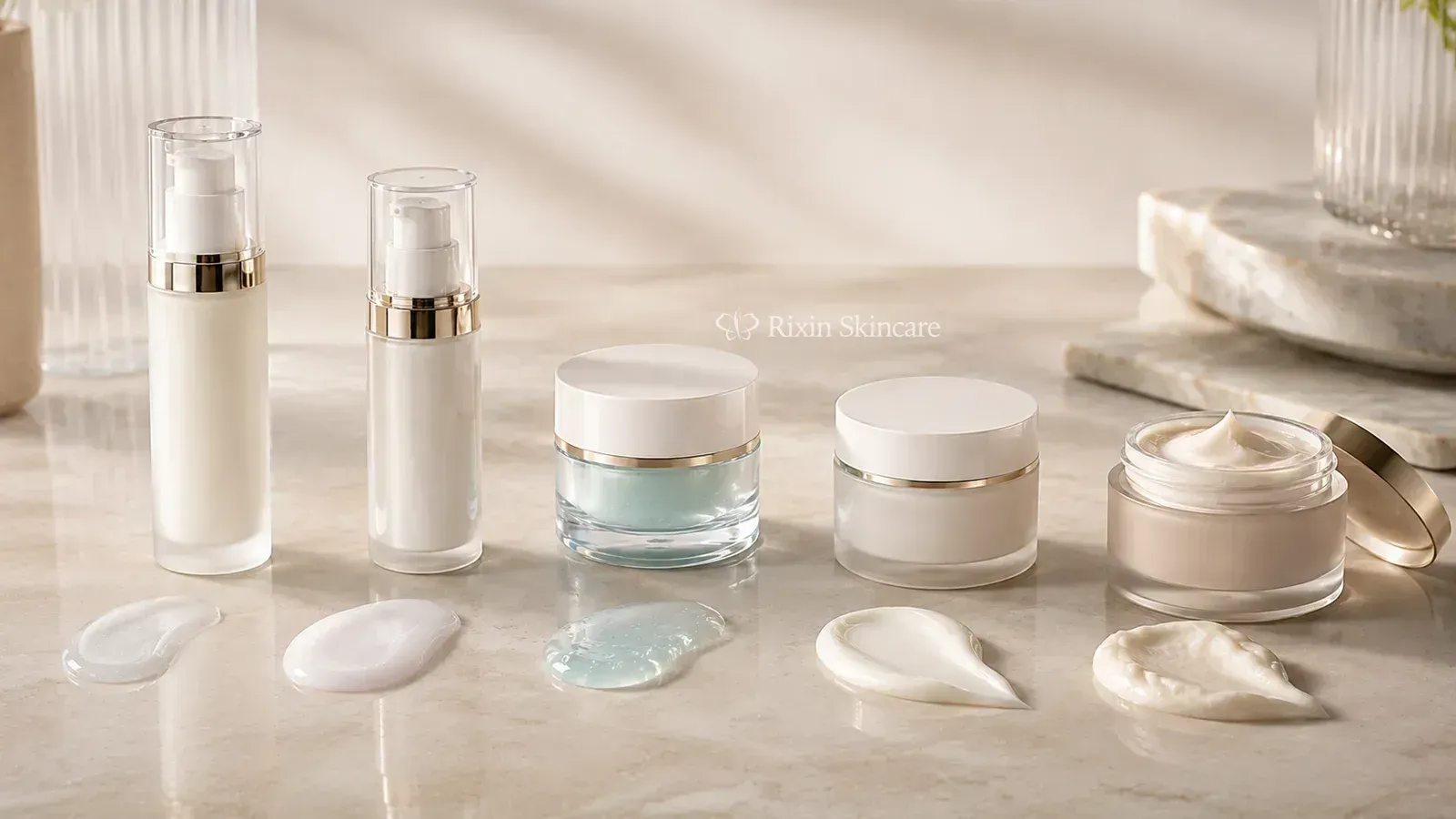 Facial moisturizer formats and texture richness overview showing lotion, emulsion, gel cream, daily cream, and rich cream directions