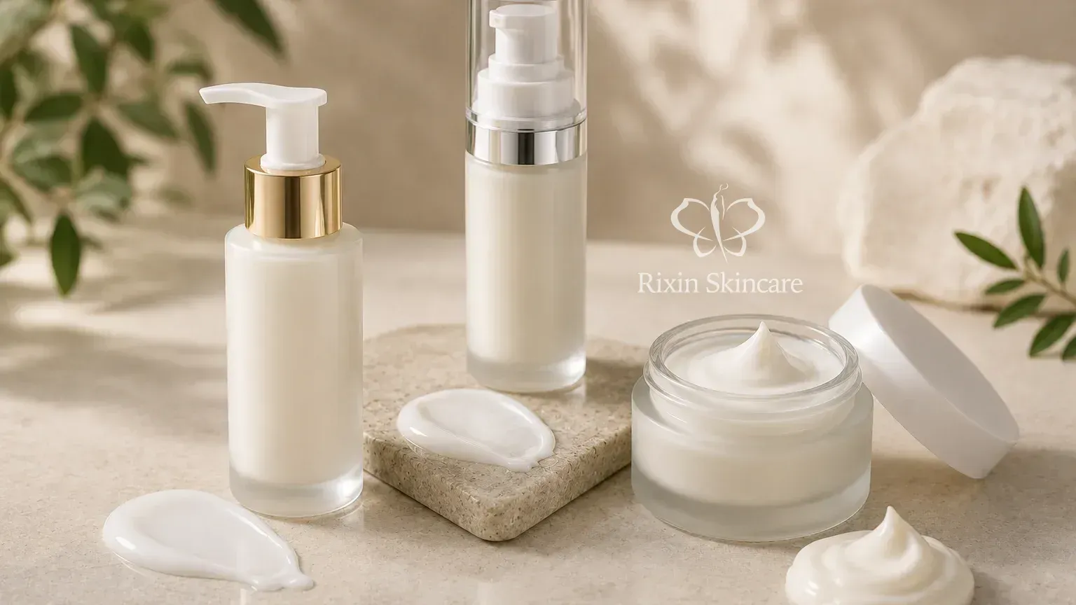 Facial moisturizer packaging options including jar, airless pump, and pump bottle with matching product textures