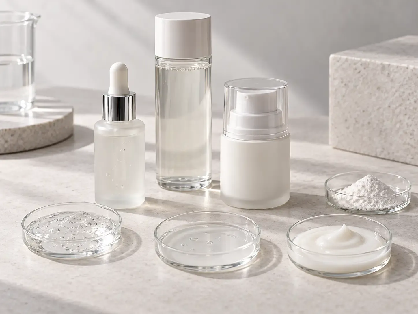 Niacinamide skincare product-development scene with serum, essence, moisturizer, and clear, gel, and emulsion formulation samples