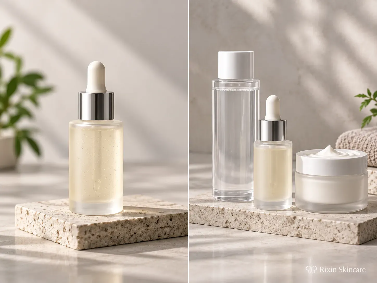 Visual comparison between one hero skincare product and a coordinated three-product skincare system.
