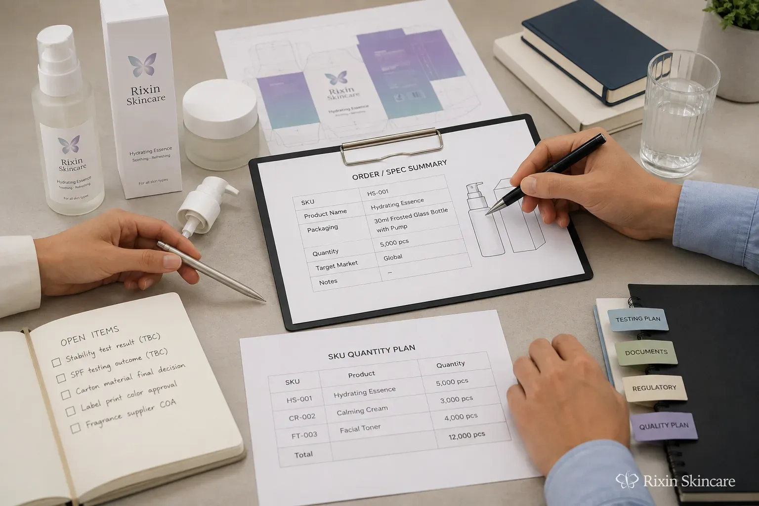 Skincare bottle, closure, carton, and artwork proof are reviewed together before bulk production.
