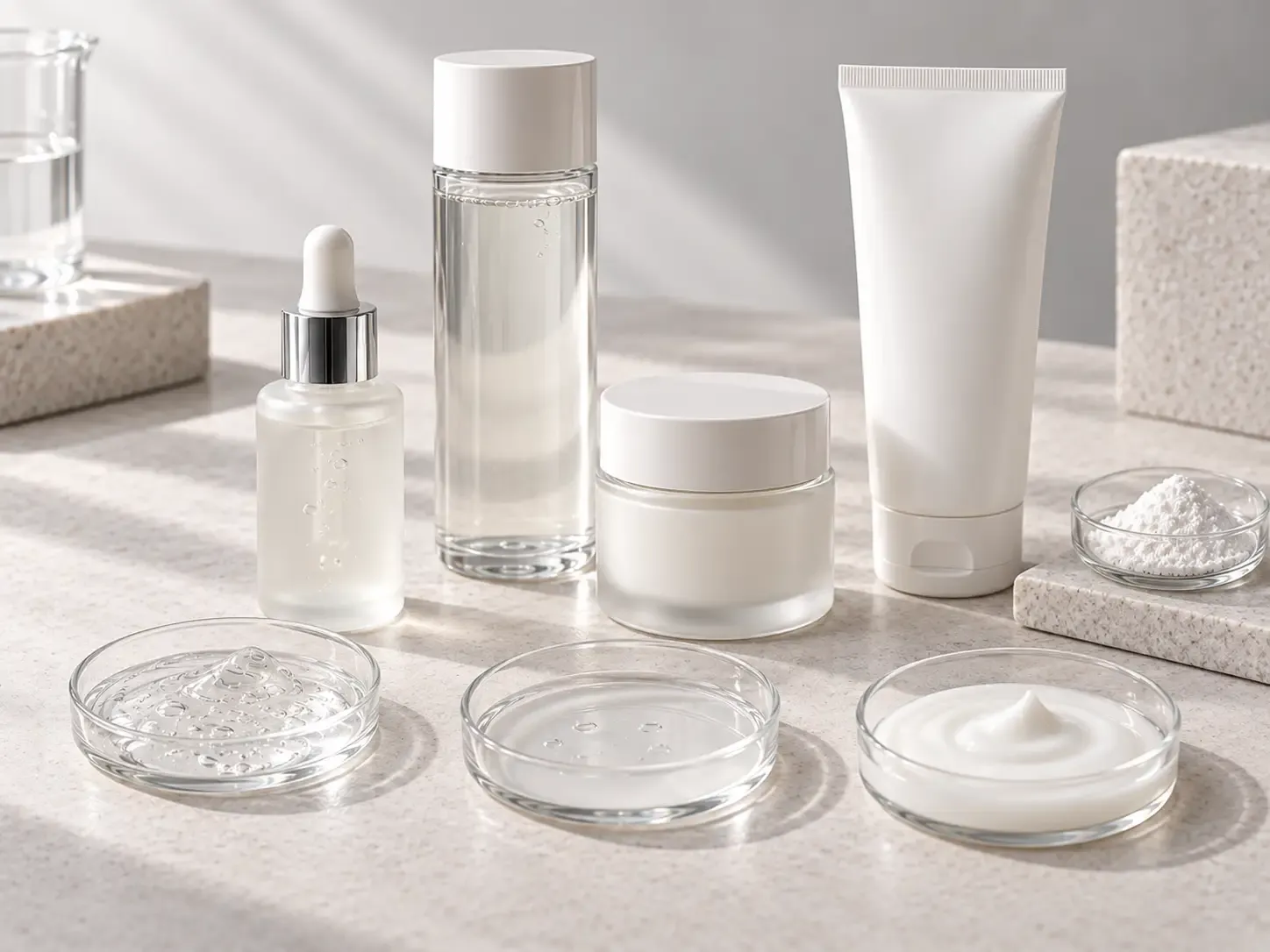 Panthenol skincare product-development scene with serum, essence, moisturizer, body-care packaging, and gel, liquid, and cream formulation samples