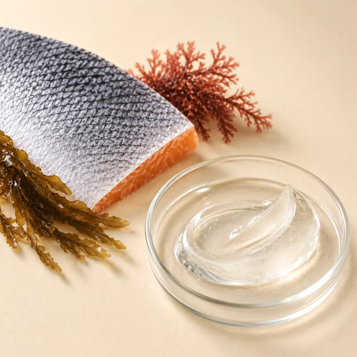Salmon-derived marine origin association with clear translucent gel texture representing PDRN ingredient identity