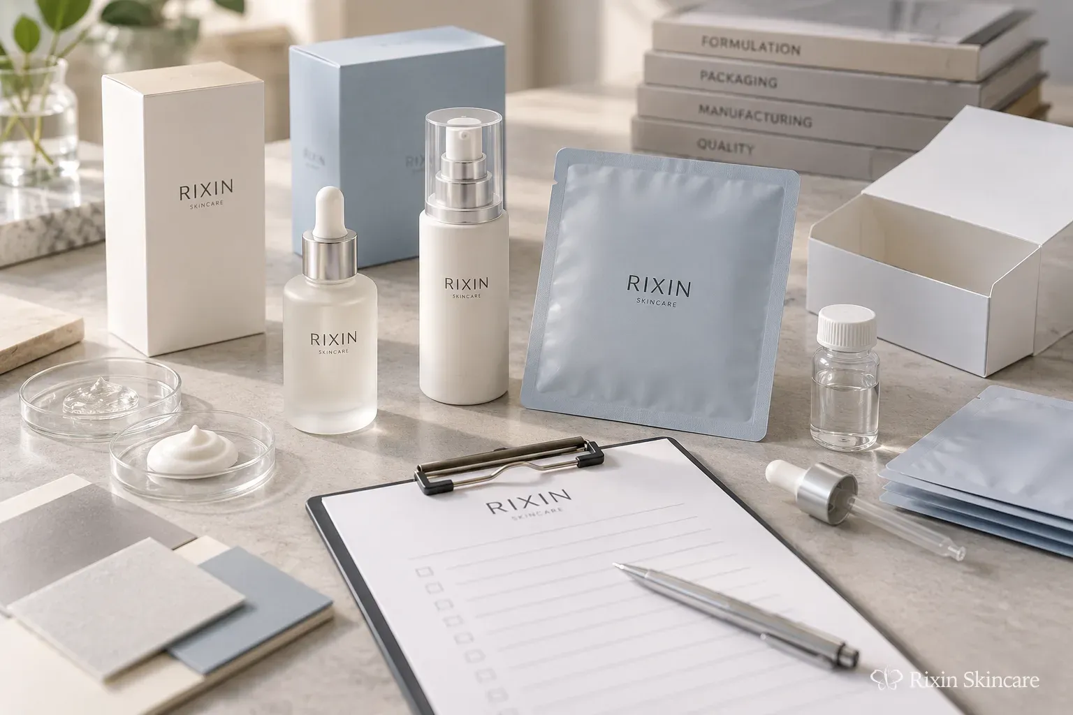 Skincare packages, packaging components, sample vial, and blank brief materials arranged for manufacturing review.