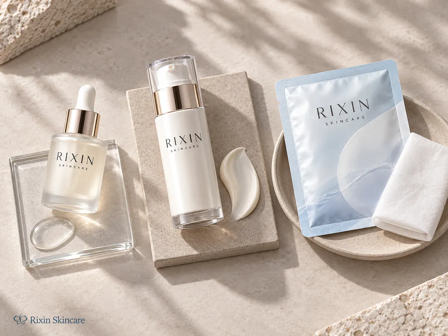 Serum, moisturizer, and sheet-mask formats shown with distinct texture cues for product-line planning.