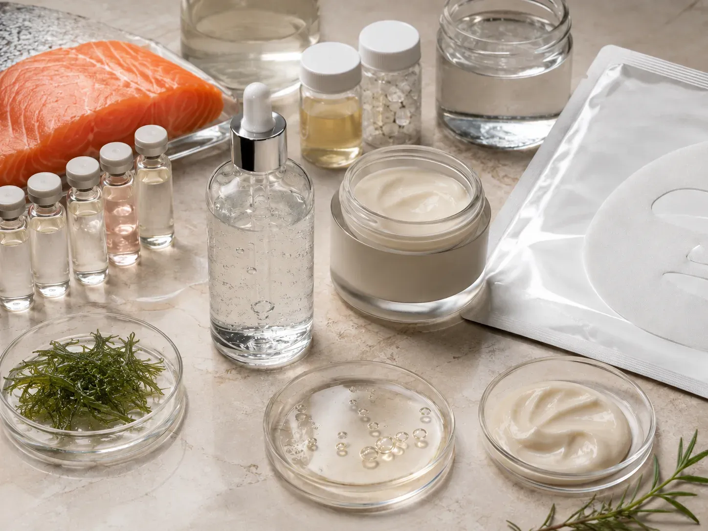 Salmon source reference, PDRN-related sample vessels, serum, moisturizer, sheet-mask sachet, and formula textures arranged for skincare development