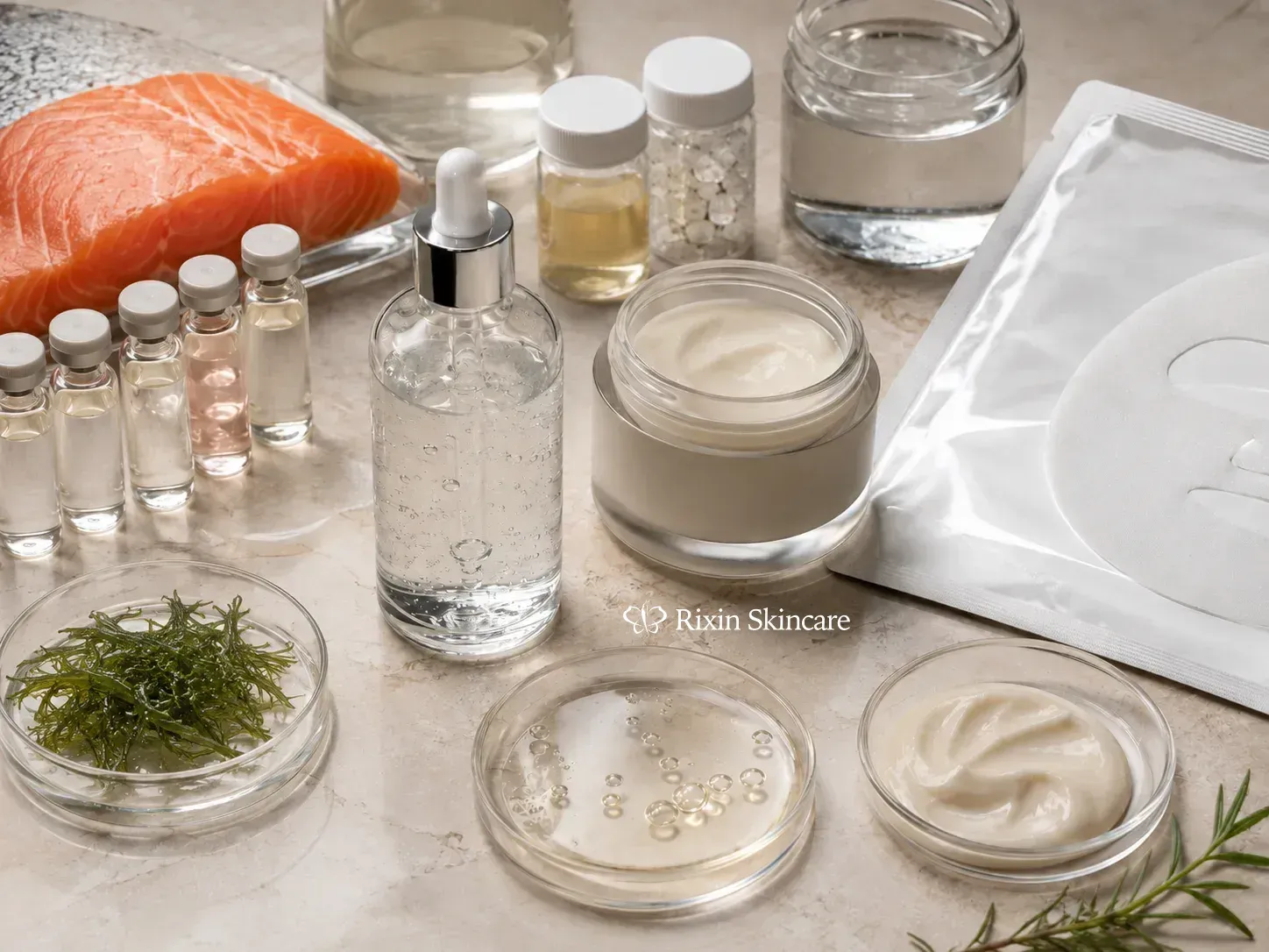 Salmon source reference, PDRN-related sample vessels, serum, moisturizer, sheet-mask sachet, and formula textures arranged for skincare development