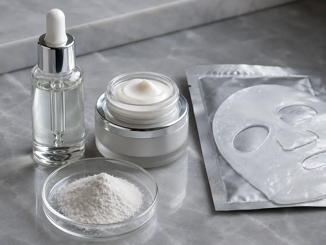 Clear serum bottle, cream jar, sheet-mask sachet, and fine white powder arranged for skincare product-format review
