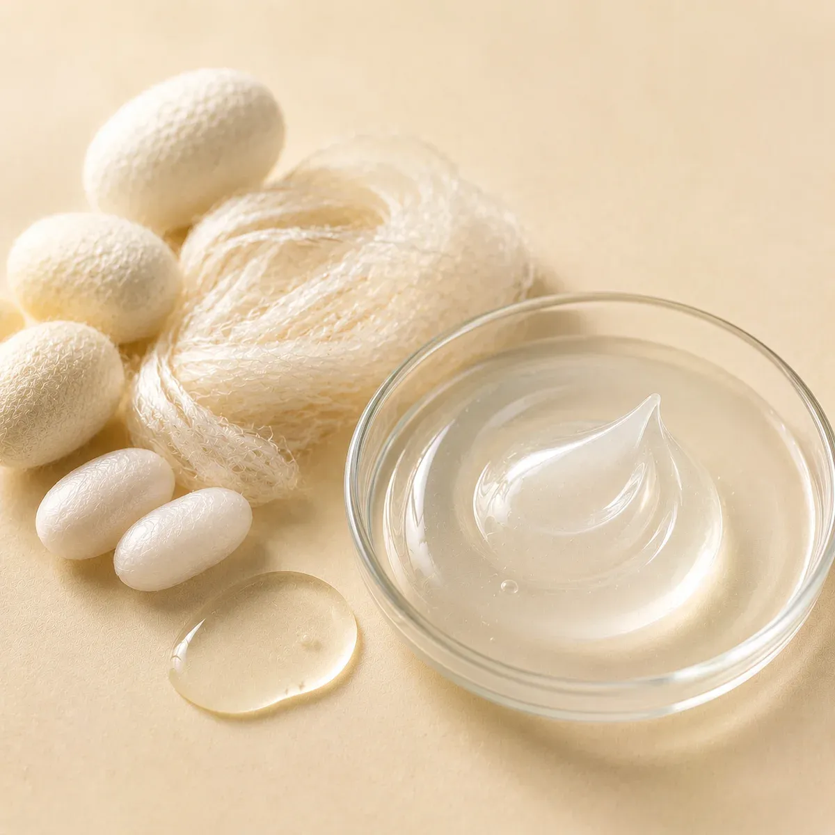 Silk protein inspired ingredient association with silky serum texture representing peptide formulation direction