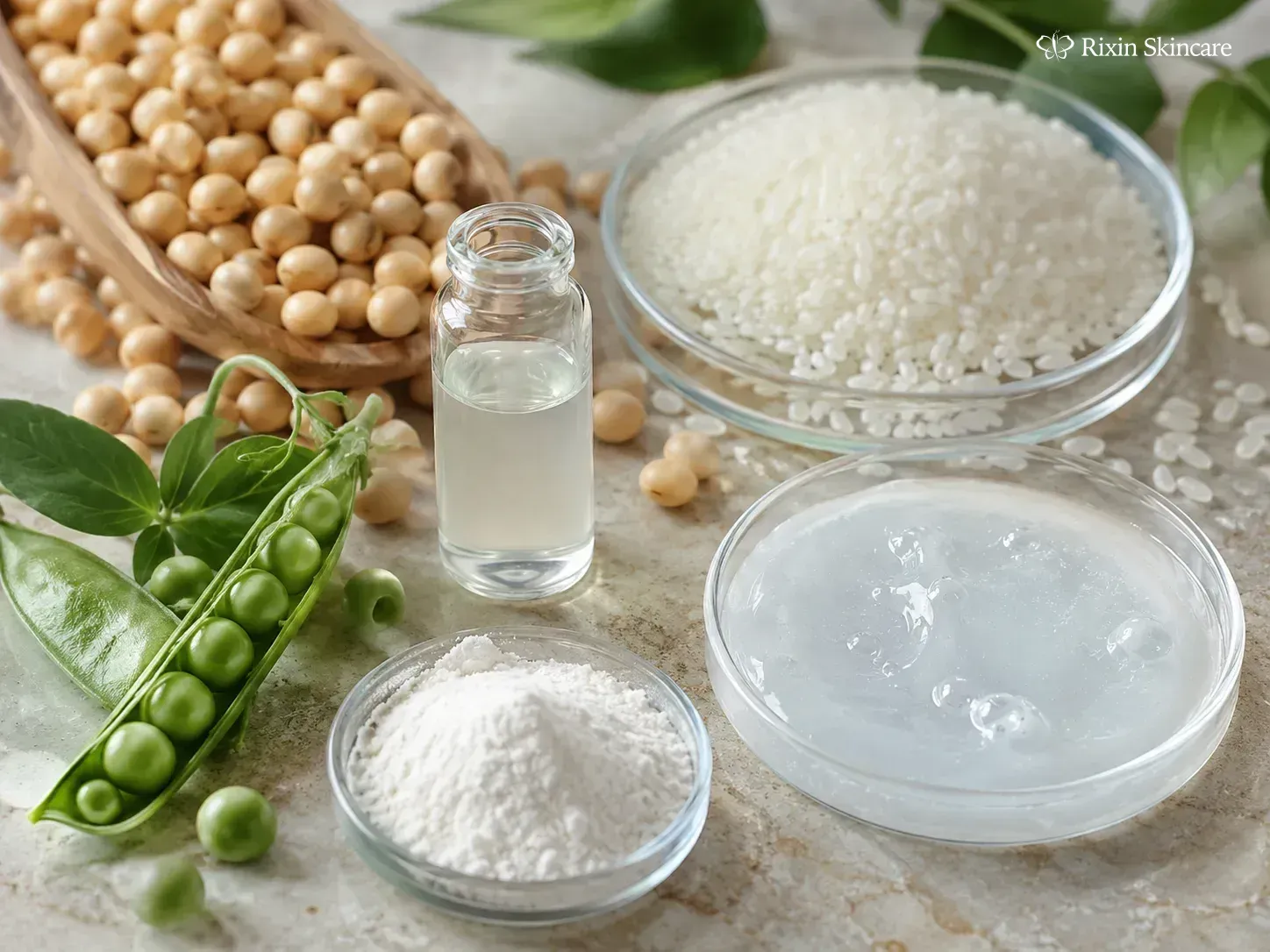 Soybeans, rice grains, pea pods, fine white powder, clear serum gel, and a sample vial arranged for cosmetic ingredient development