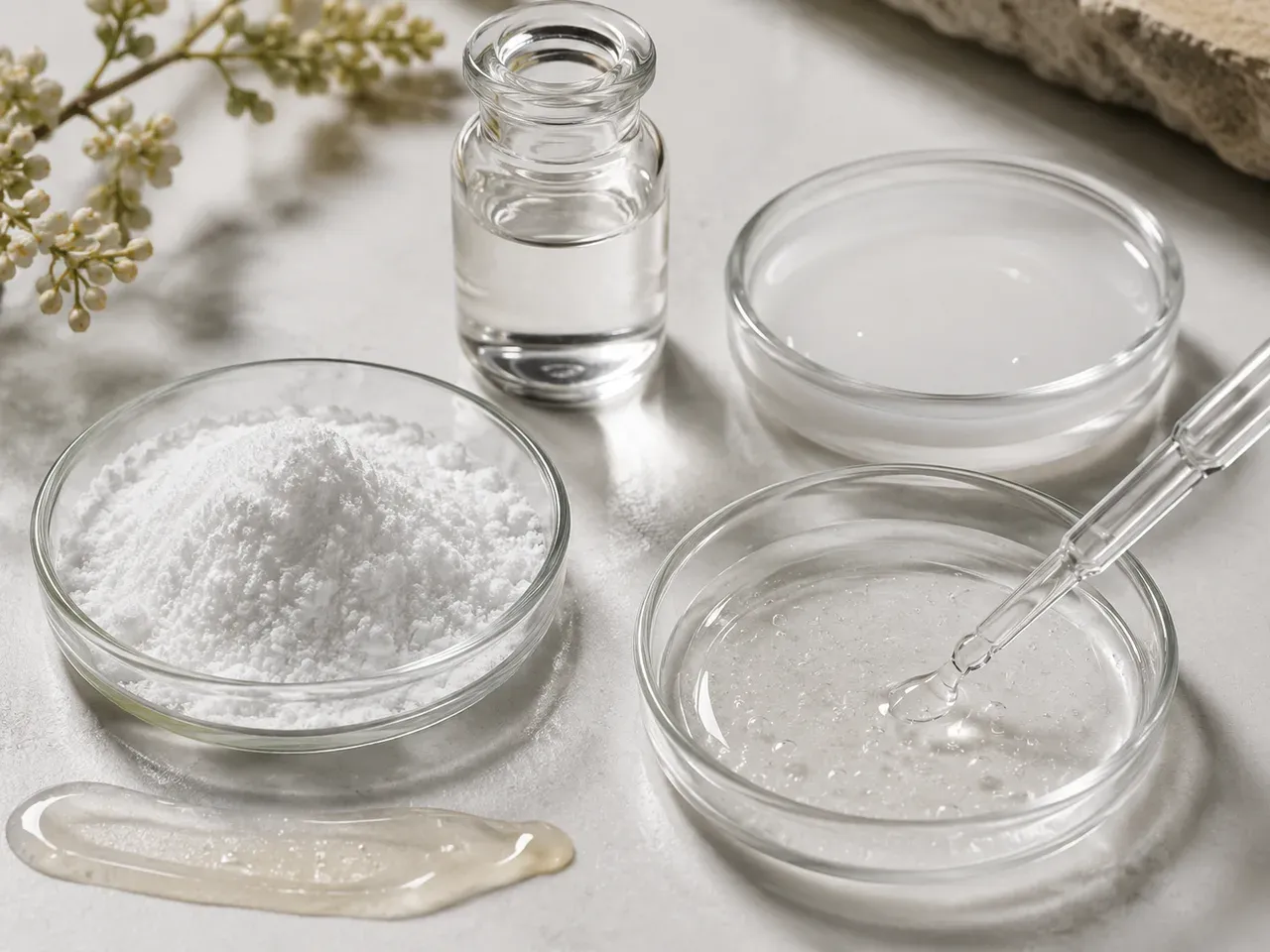 Fine white powder, clear solution, milky liquid, serum gel, and a pipette arranged for cosmetic raw-material review