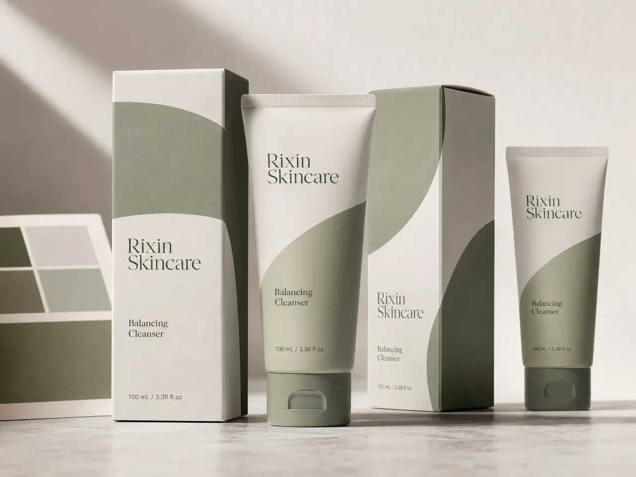 Premium Rixin Skincare graphic packaging design with refined cartons, tube, and contemporary label treatment