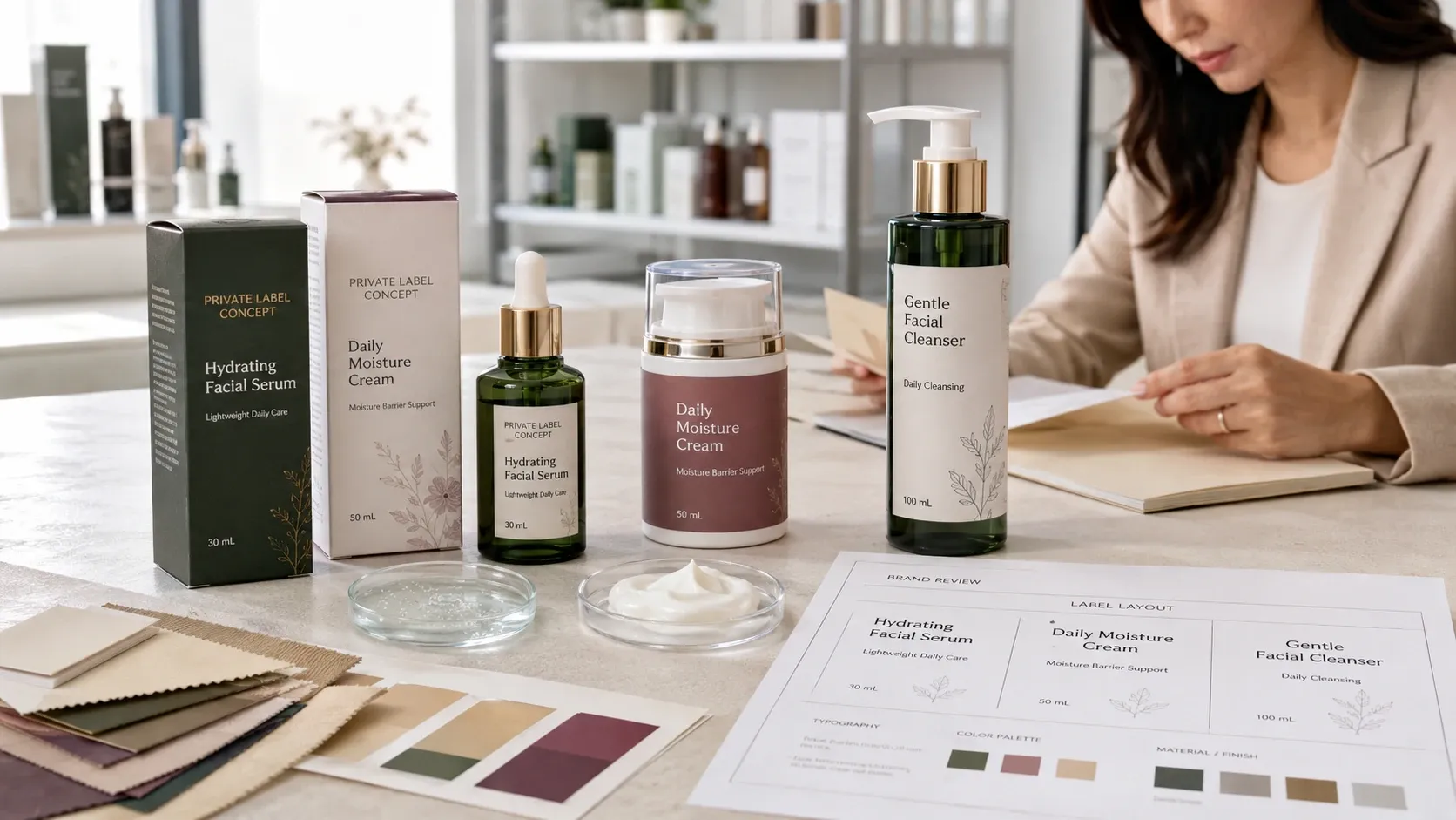 Brand manager reviewing private label skincare products, packaging options, formulation samples, and label artwork.