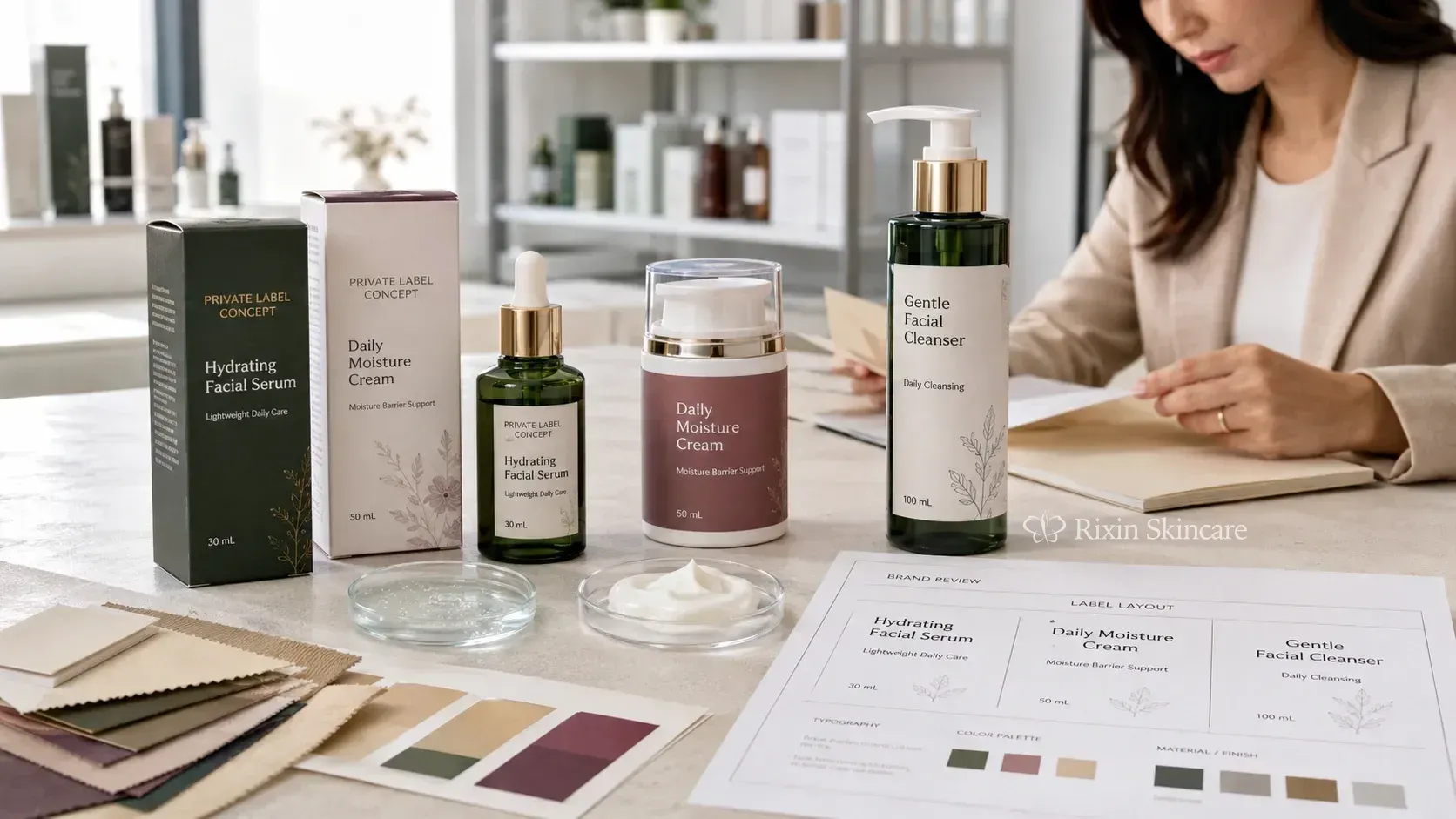 Brand manager reviewing private label skincare products, packaging options, formulation samples, and label artwork.