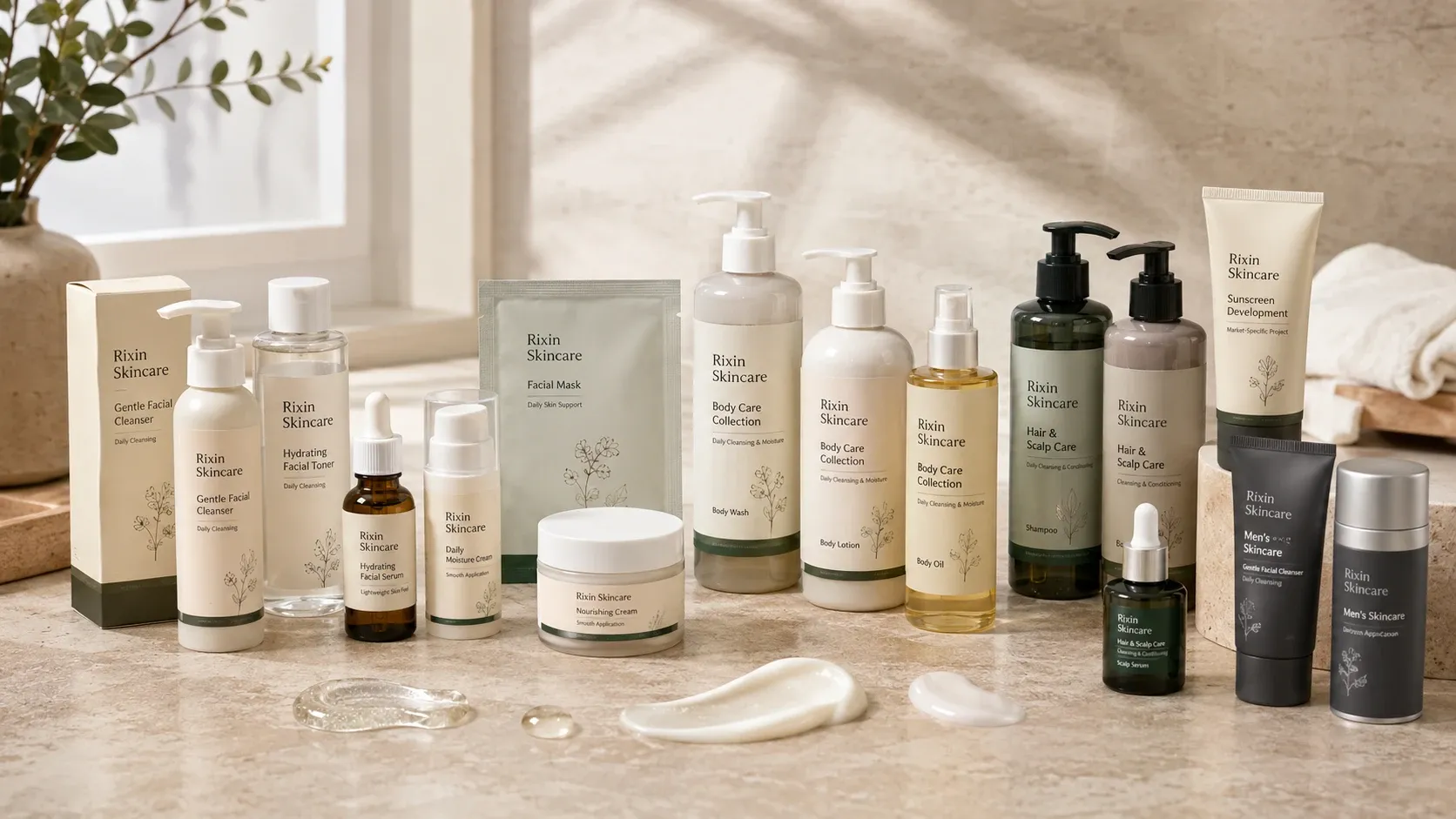 Coordinated private label skincare, body care, hair care, and sunscreen product range