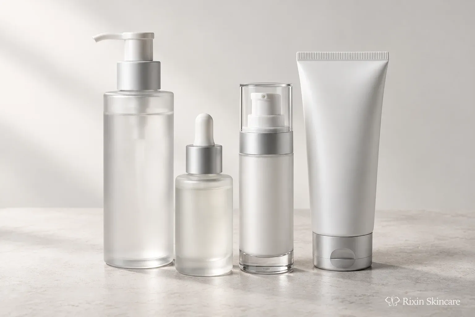 Coordinated cleanser, serum, moisturizer, and mask packages arranged as one unbranded skincare range
