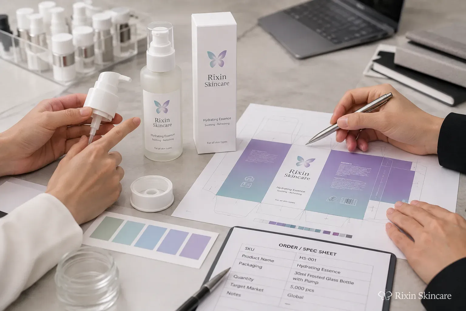 Approved skincare sample and production-direction package are compared as one current product reference before manufacturing.