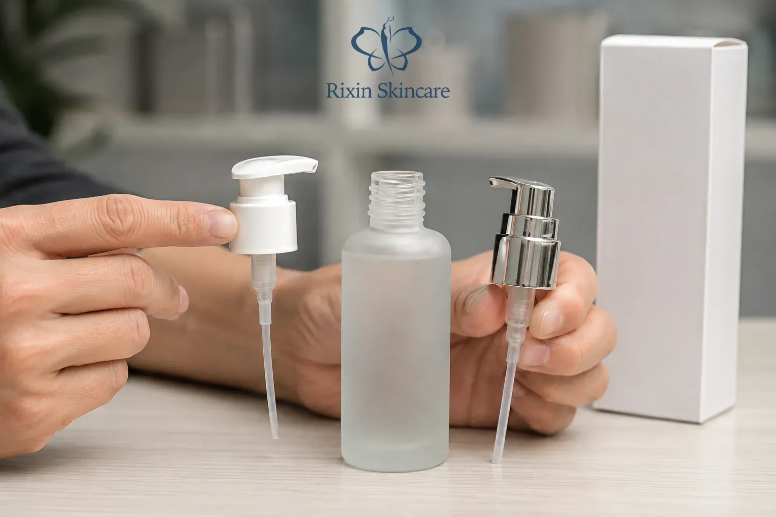 Two pump components are compared against the same skincare bottle during a packaging change review.