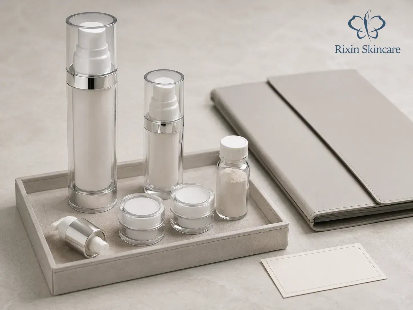 Finished skincare package, controlled samples, component, and neutral project-record context for quality and testing review