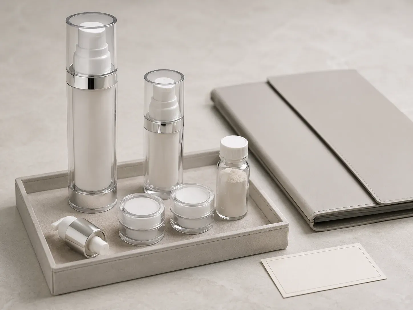 Finished skincare package, controlled samples, component, and neutral project-record context for quality and testing review