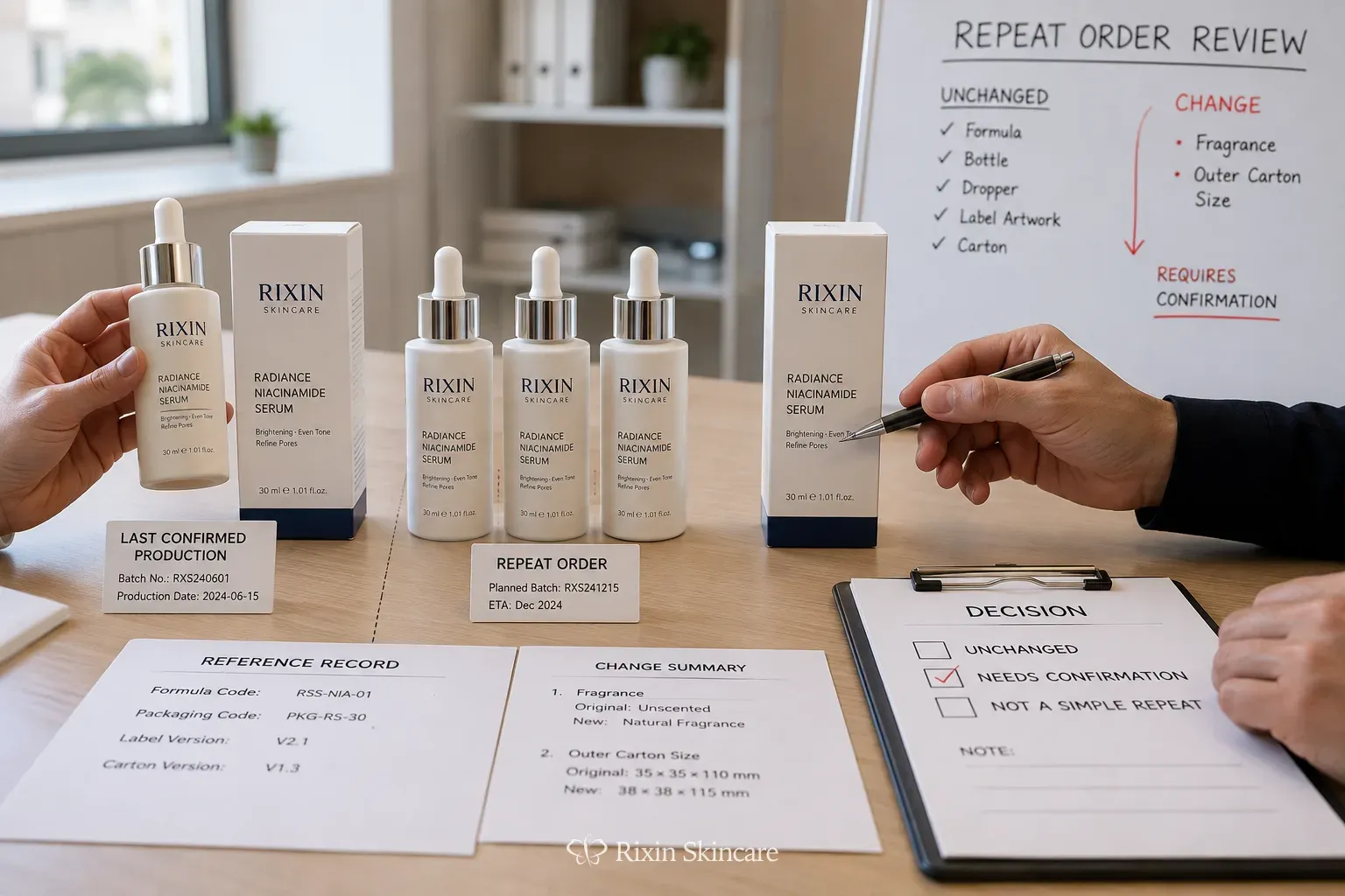 A changed package component is reviewed beside the confirmed Rixin Skincare product reference before a repeat order proceeds.