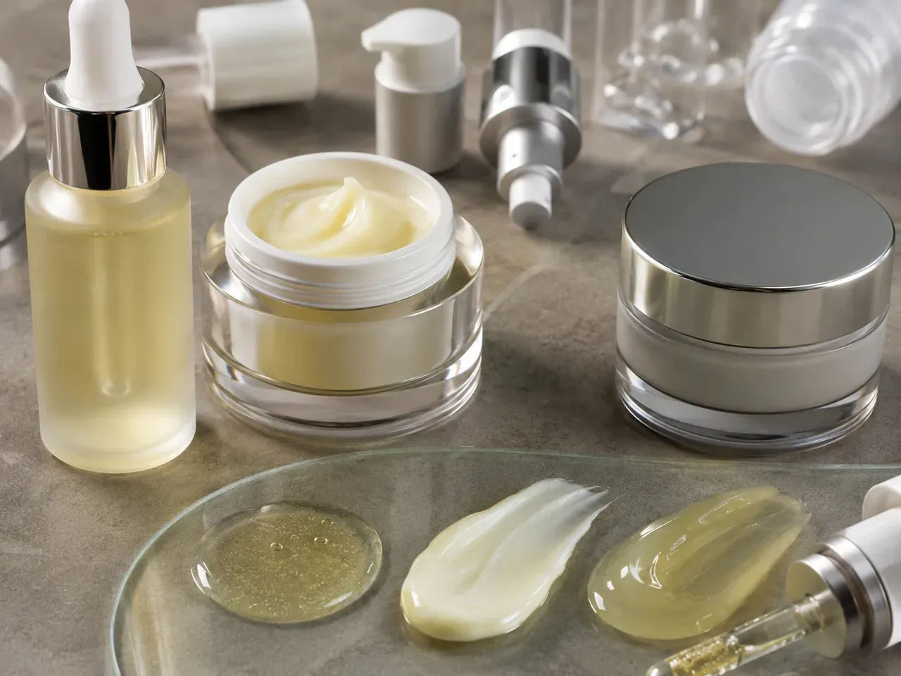 Retinal project review with serum and cream packages, formula textures, and cosmetic dispensing components.