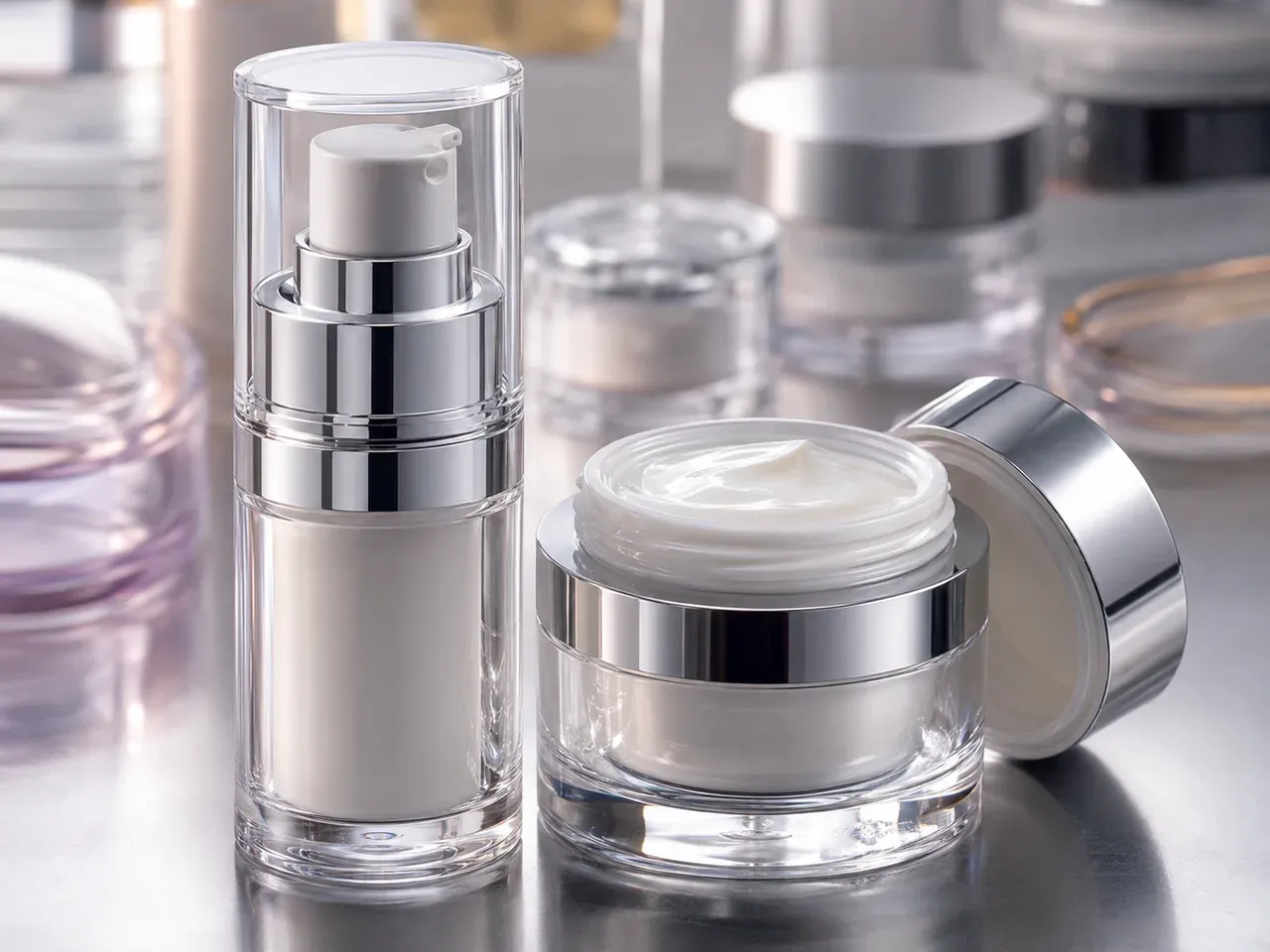 Airless serum pump and moisturizer jar shown with closures for Retinal packaging compatibility review.