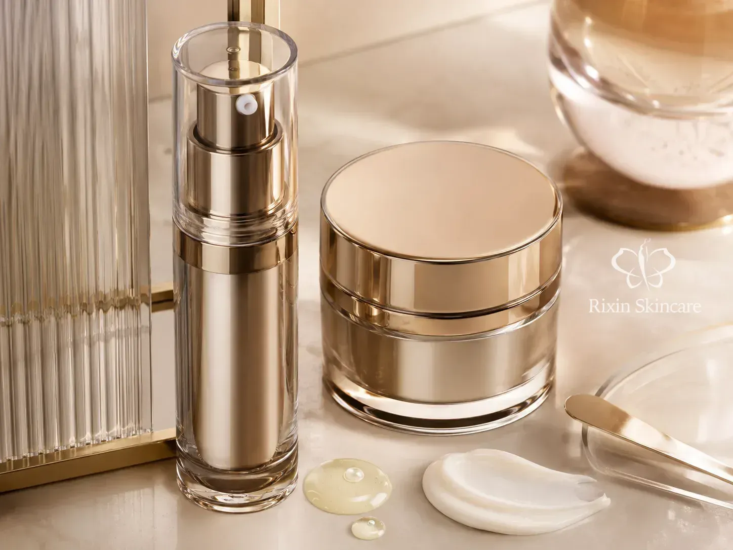 Retinal skincare development system with an airless serum package, moisturizer jar, and serum and cream textures.