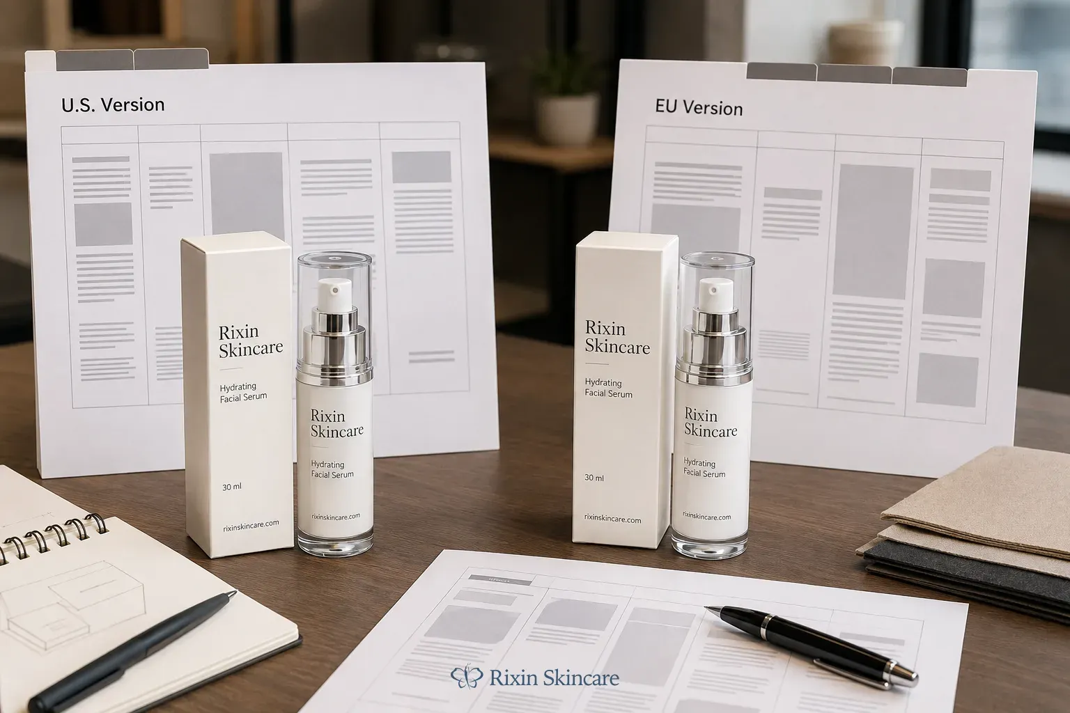 Matching serum cartons keep the same visual design while using separate controlled U.S. and EU text versions.