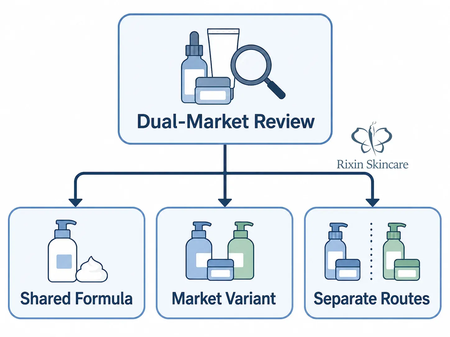 Decision diagram showing a dual-market review leading to a shared formula, market variant, or separate routes.