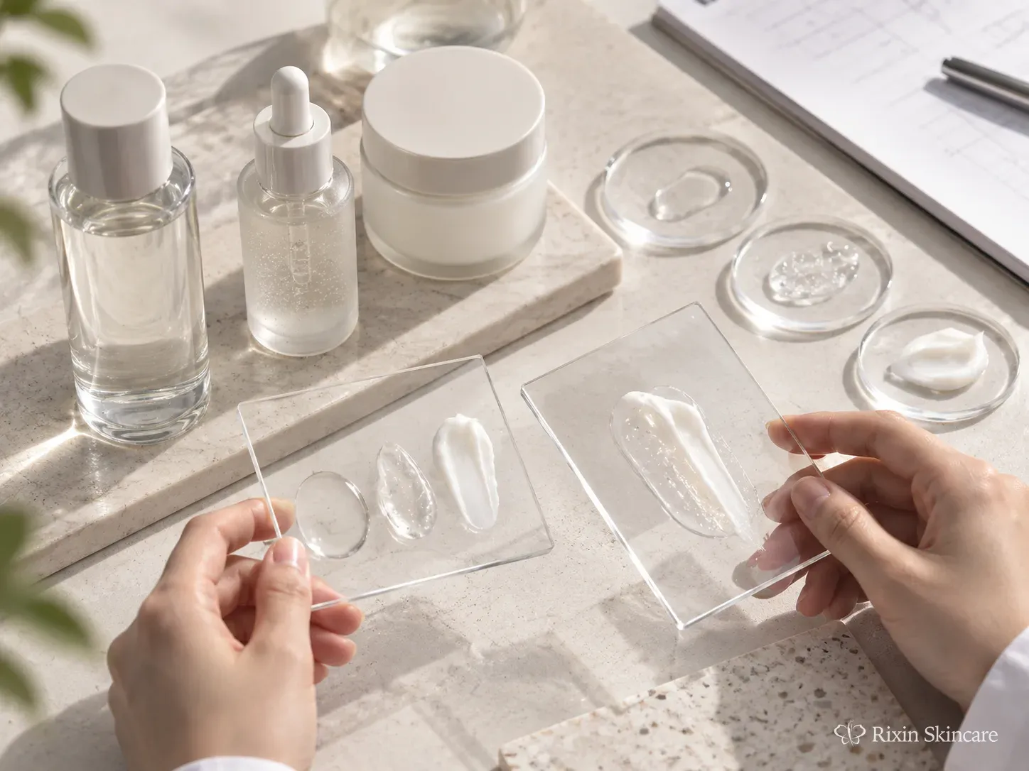 Skincare prototypes and layered cosmetic samples reviewed together to assess how a hydration system behaves in sequence.