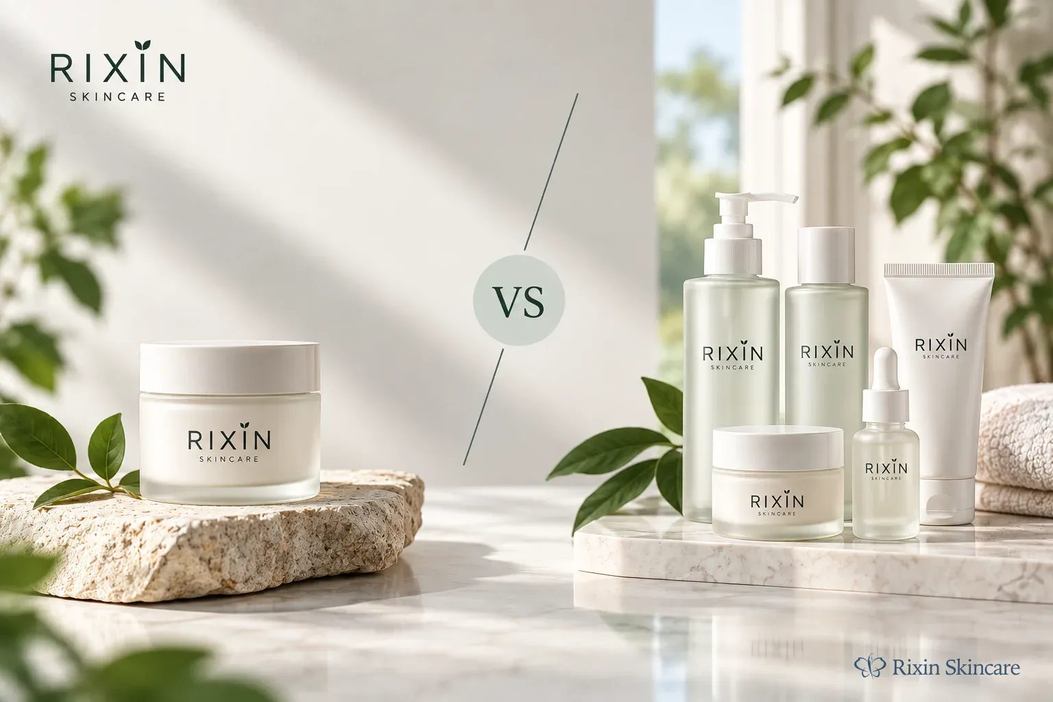 Three coordinated skincare products arranged with equal visual weight to represent a focused first-launch routine.