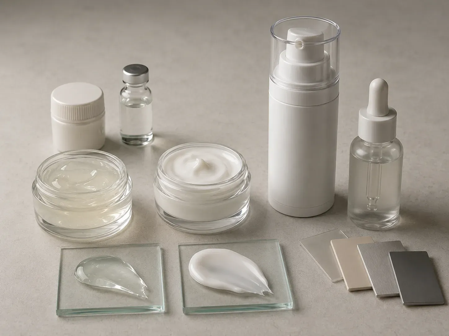 Skincare formula samples, neutral raw-material inputs, texture swatches, and selected airless and dropper packages