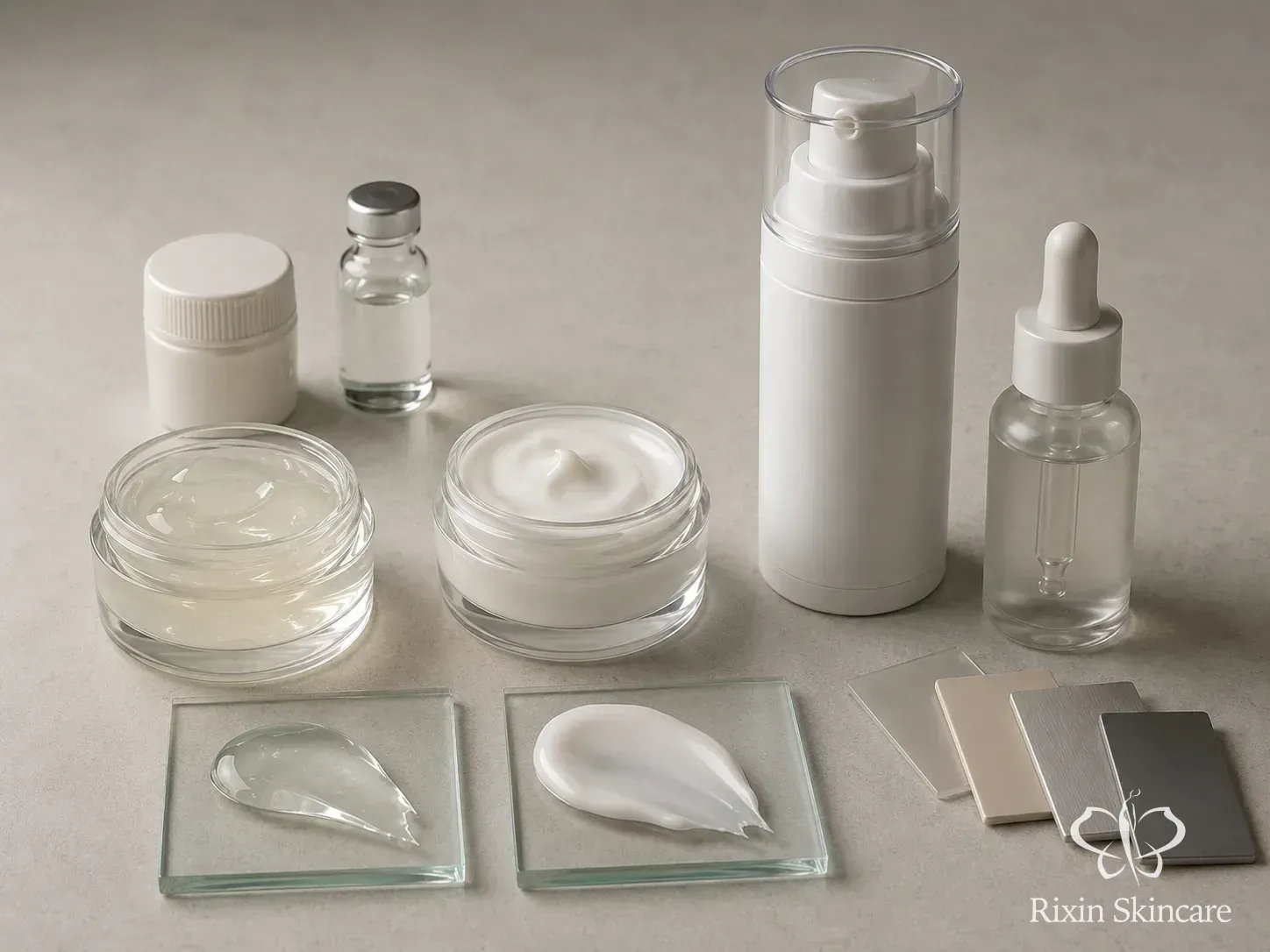 Skincare formula samples, neutral raw-material inputs, texture swatches, and selected airless and dropper packages