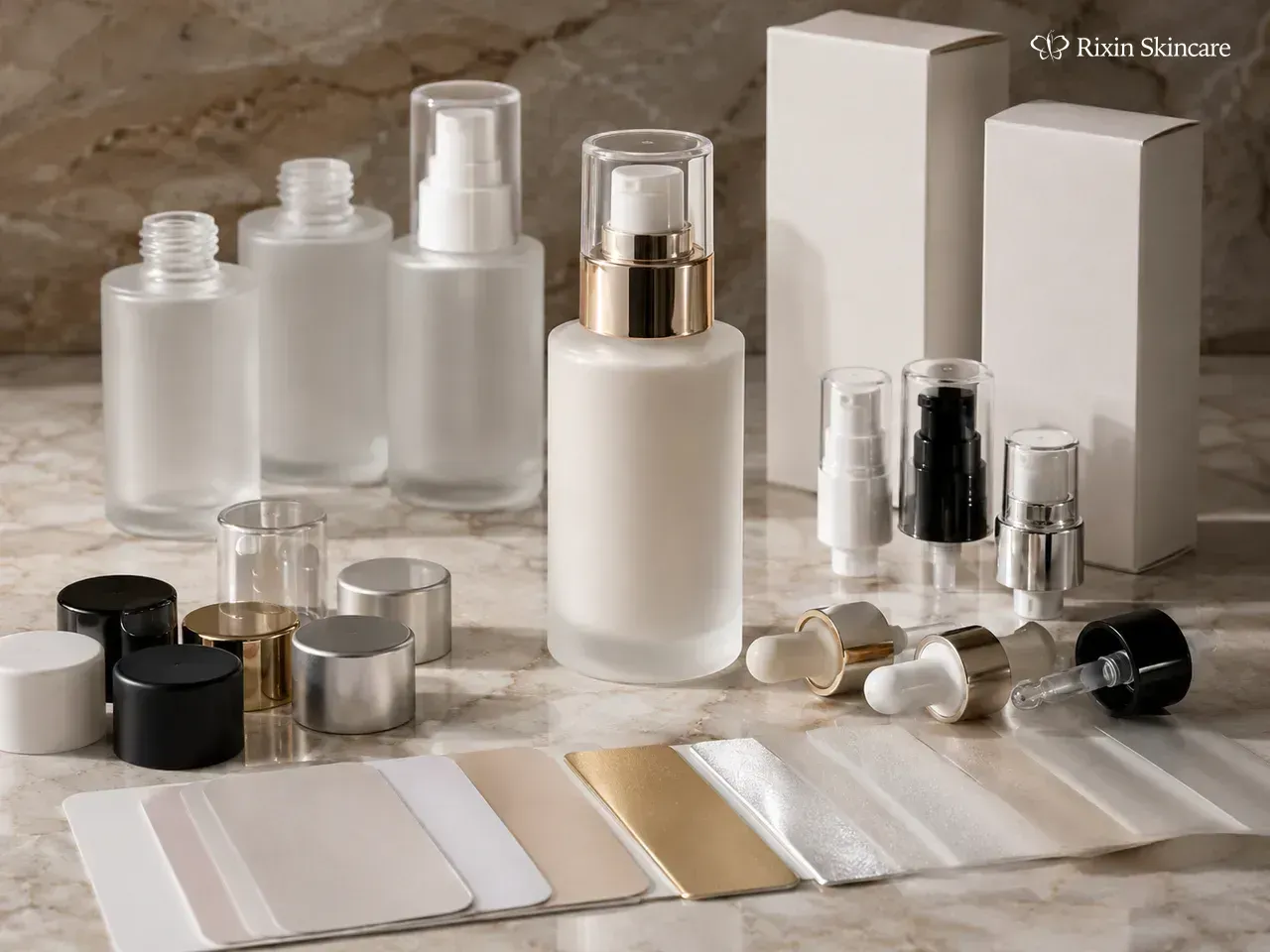 A skincare primary container, matching closures, blank cartons, and finish options arranged to show separate MOQ layers