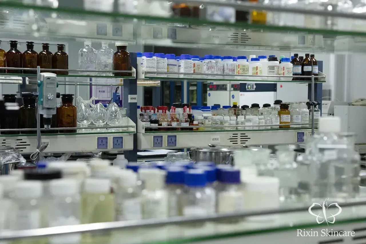 Real Rixin formula preparation or cosmetic laboratory area with approved development equipment